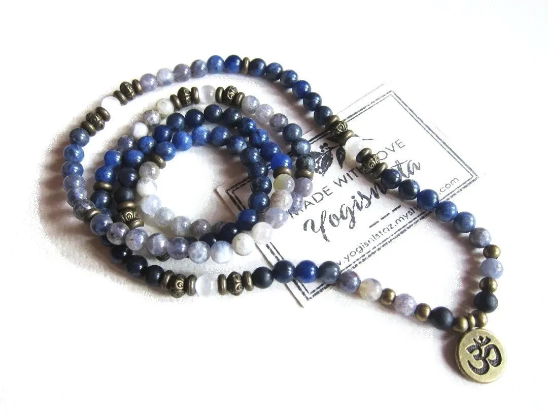 108 Bead Mala in Russian Shungite, Selenite, Sodalite and Iolite Necklace