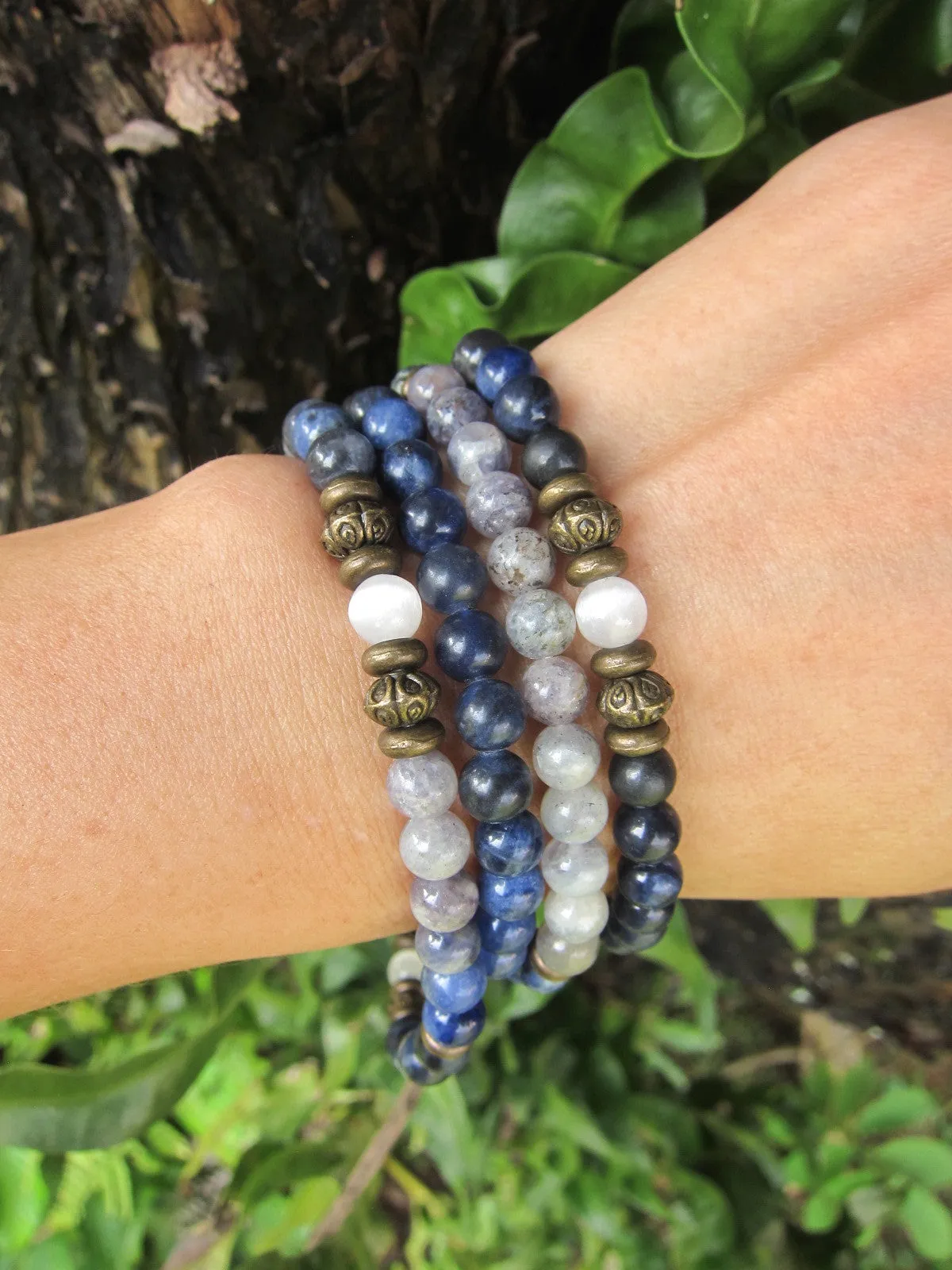 108 Bead Mala in Russian Shungite, Selenite, Sodalite and Iolite Necklace