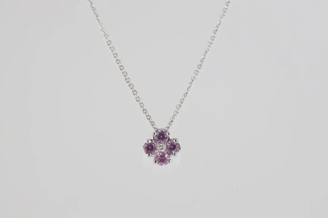 14" 14K White Gold 0.99ctw Pink Stone 0.02ctw Diamond Flower Necklace (2.50g.)