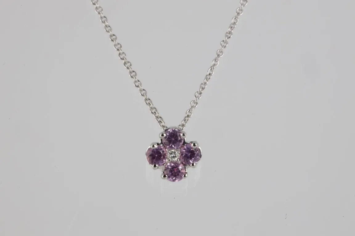 14" 14K White Gold 0.99ctw Pink Stone 0.02ctw Diamond Flower Necklace (2.50g.)