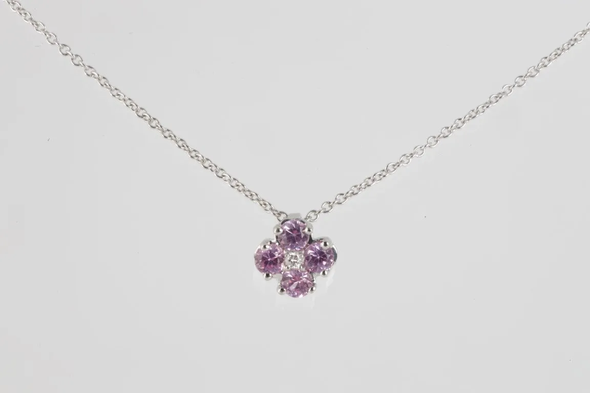 14" 14K White Gold 0.99ctw Pink Stone 0.02ctw Diamond Flower Necklace (2.50g.)