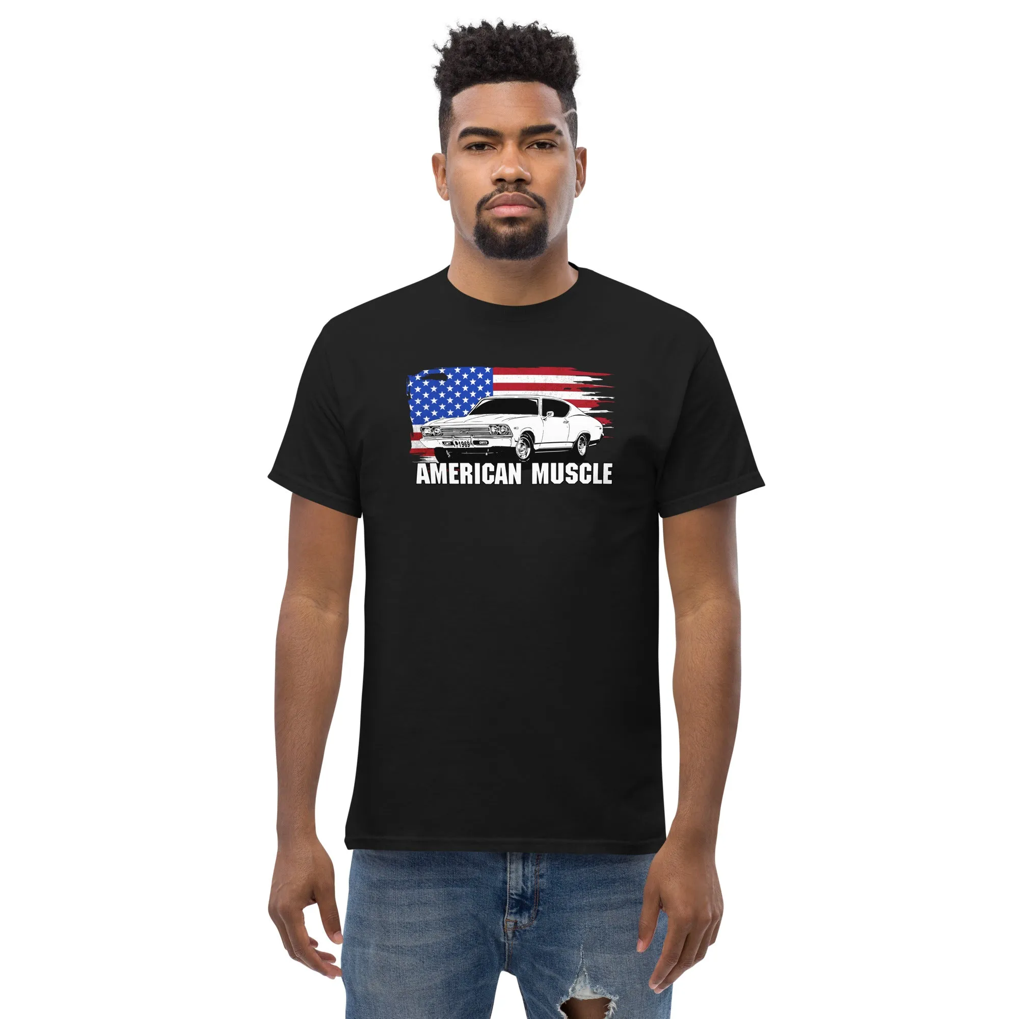 1969 Chevelle Car T-Shirt American Muscle With American Flag