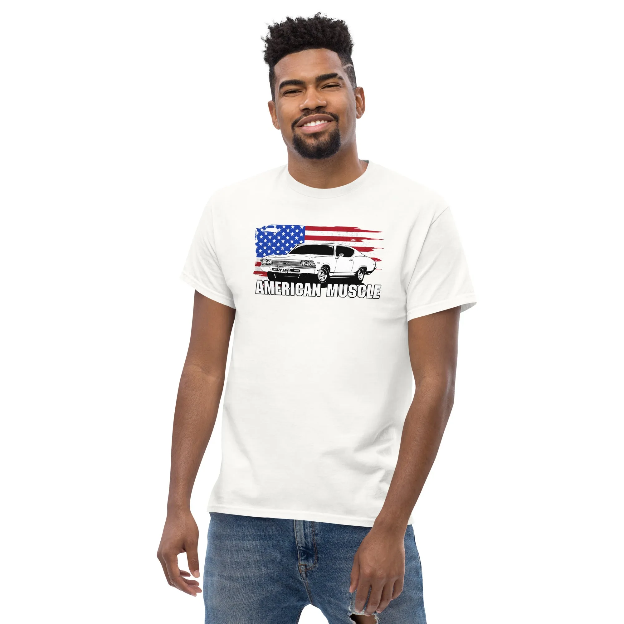 1969 Chevelle Car T-Shirt American Muscle With American Flag