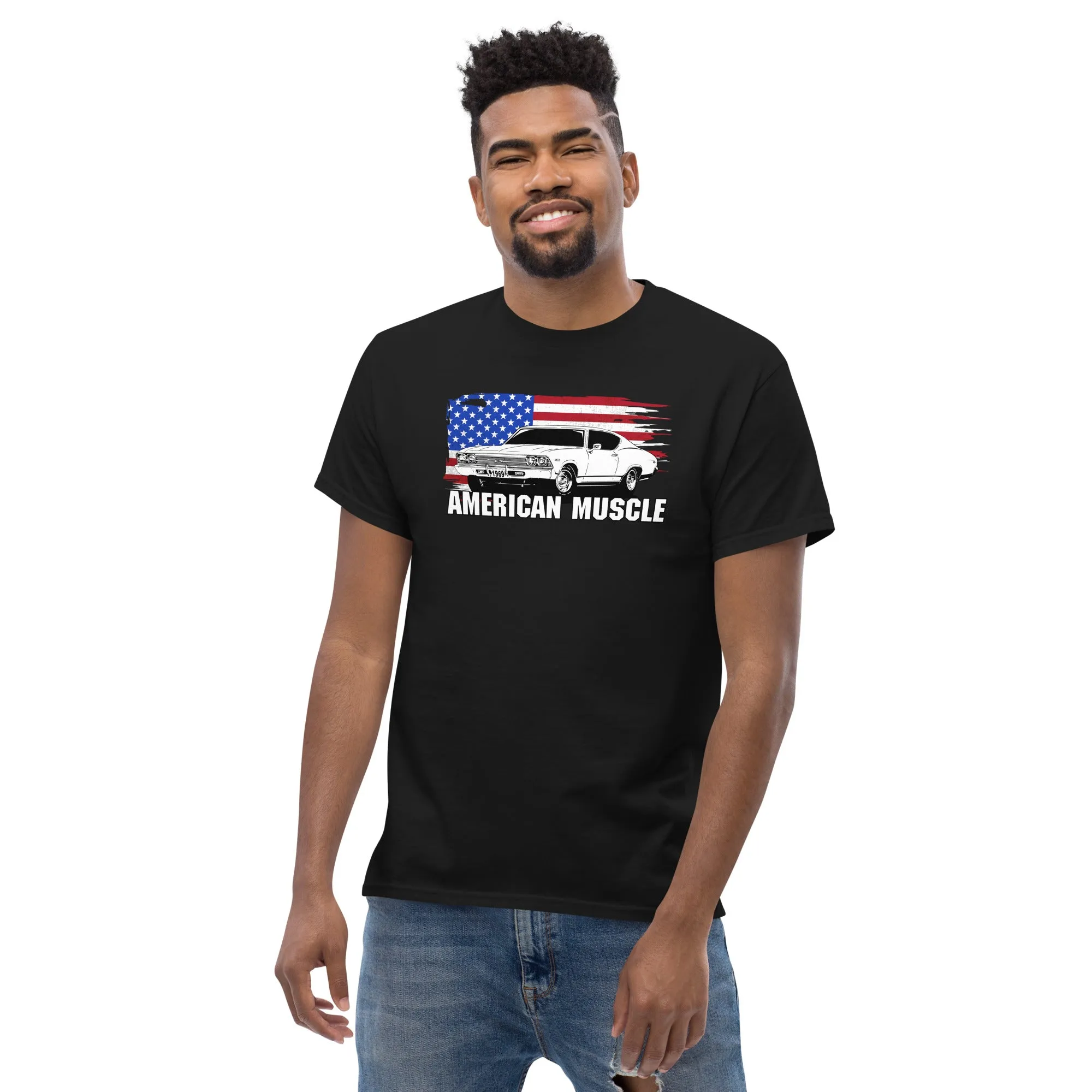 1969 Chevelle Car T-Shirt American Muscle With American Flag