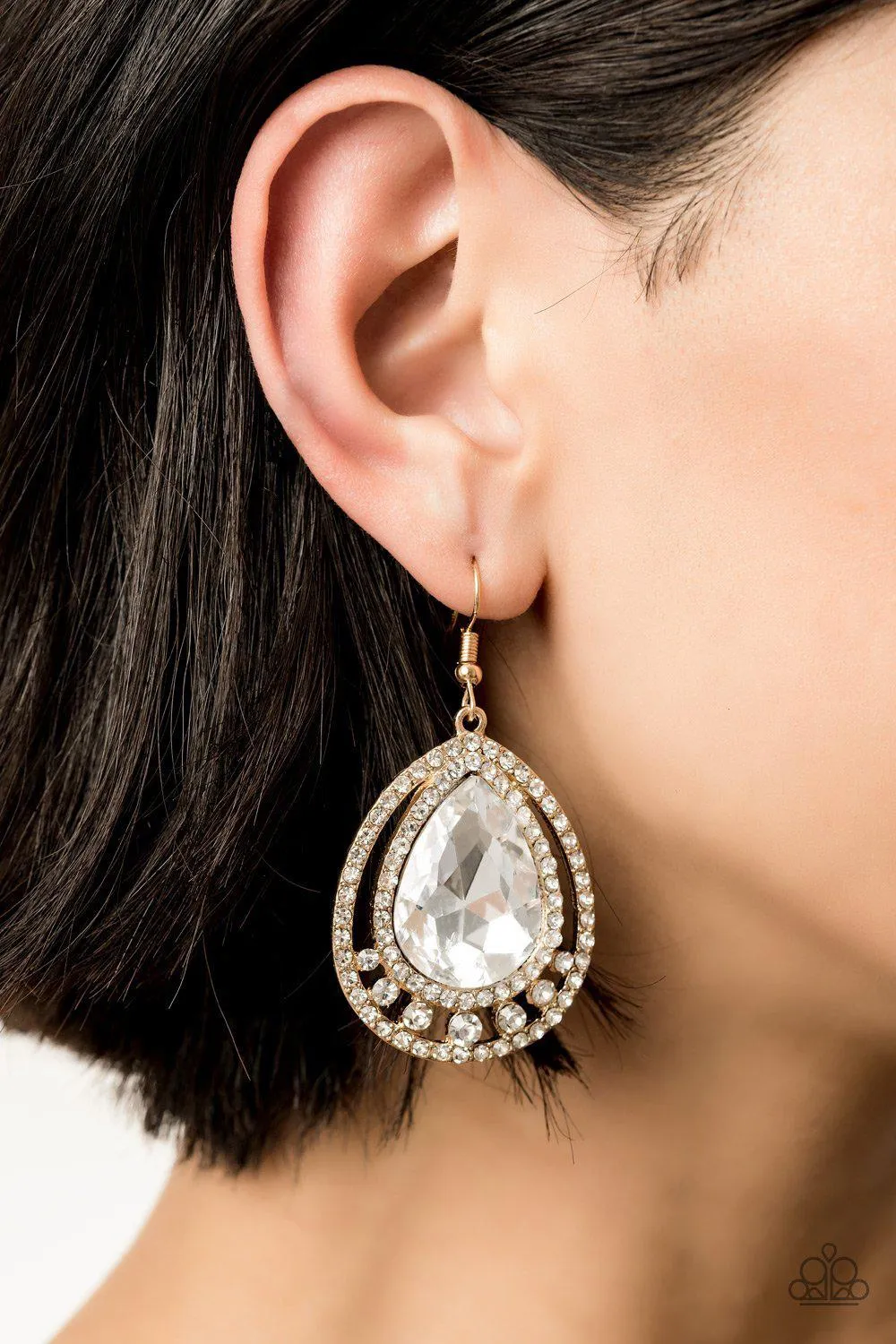 All Rise For Her Majesty Gold and White Rhinestone Earrings - Paparazzi Accessories