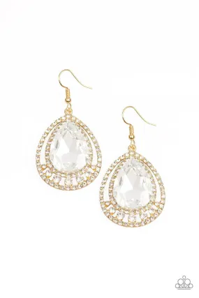 All Rise For Her Majesty Gold and White Rhinestone Earrings - Paparazzi Accessories