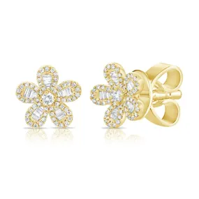 Baguette   Pave Small Diamond Flower Studs