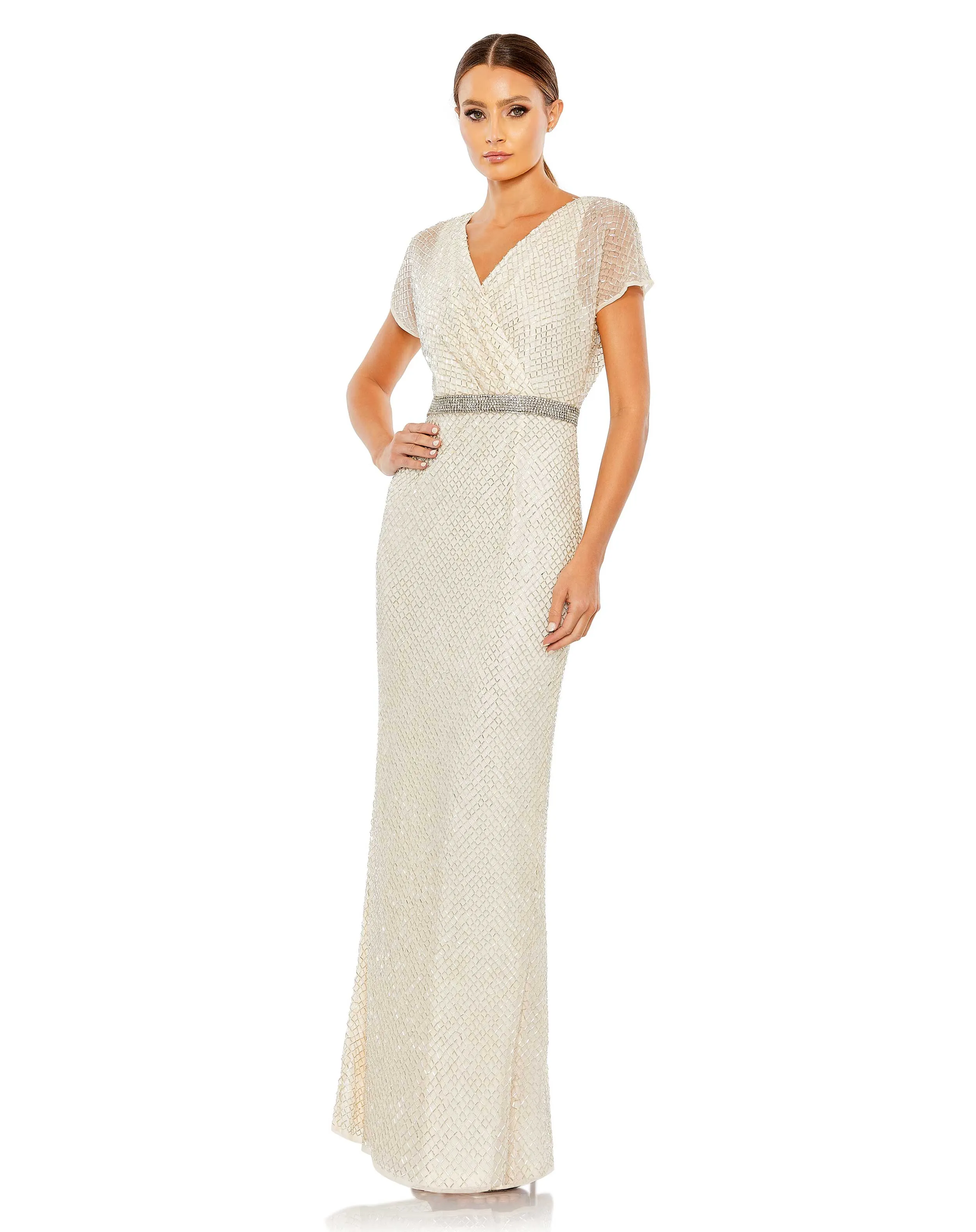 Beaded Short Sleeve Column Gown