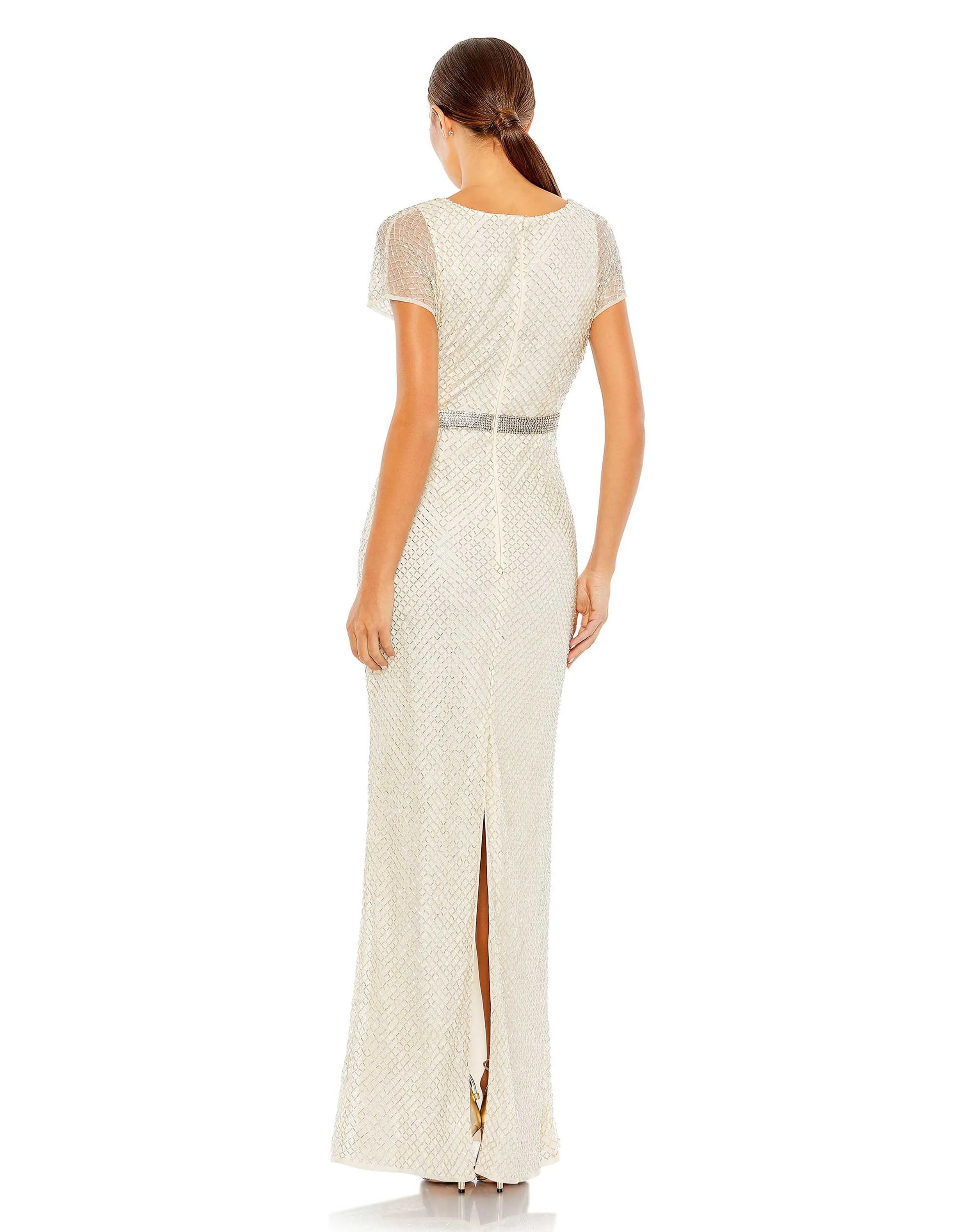 Beaded Short Sleeve Column Gown