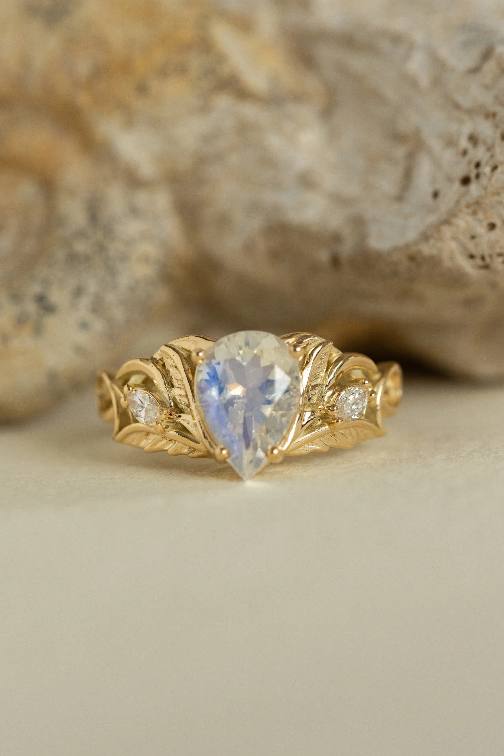 Big teardrop moonstone engagement ring, nature themed proposal ring / Ikar