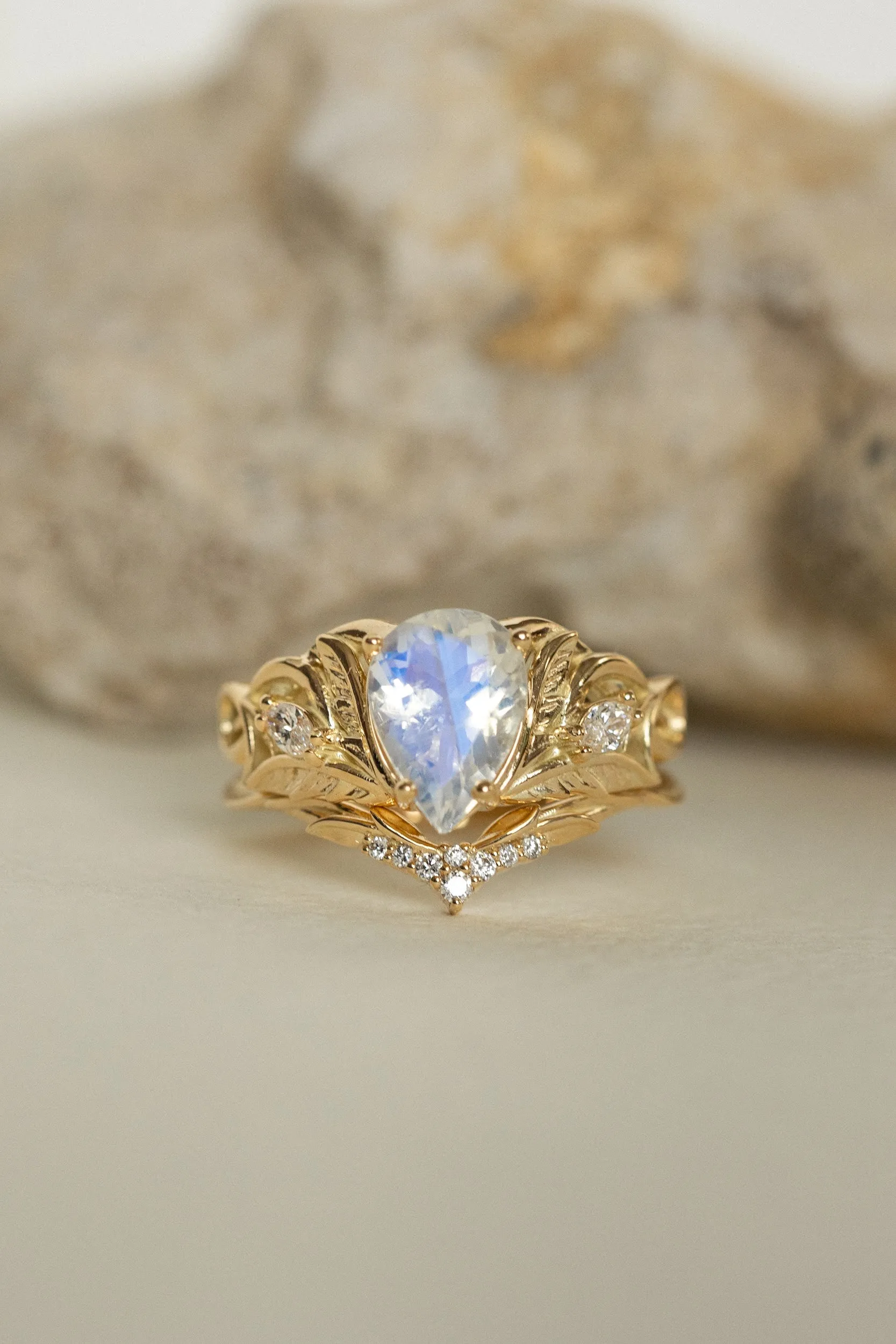 Big teardrop moonstone engagement ring, nature themed proposal ring / Ikar