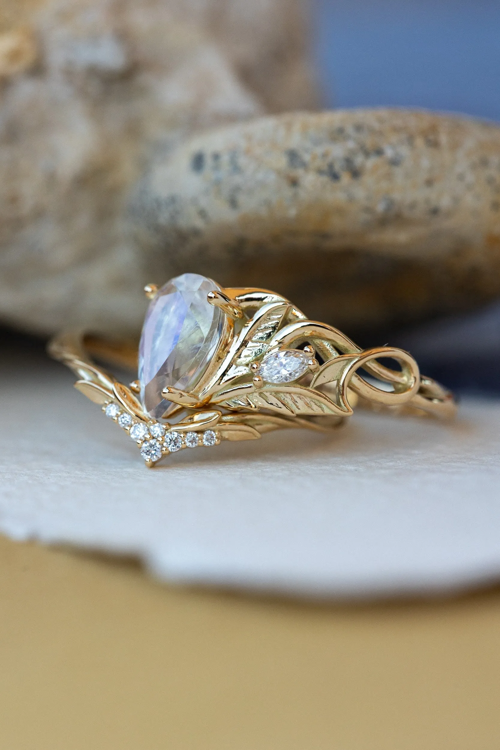 Big teardrop moonstone engagement ring, nature themed proposal ring / Ikar