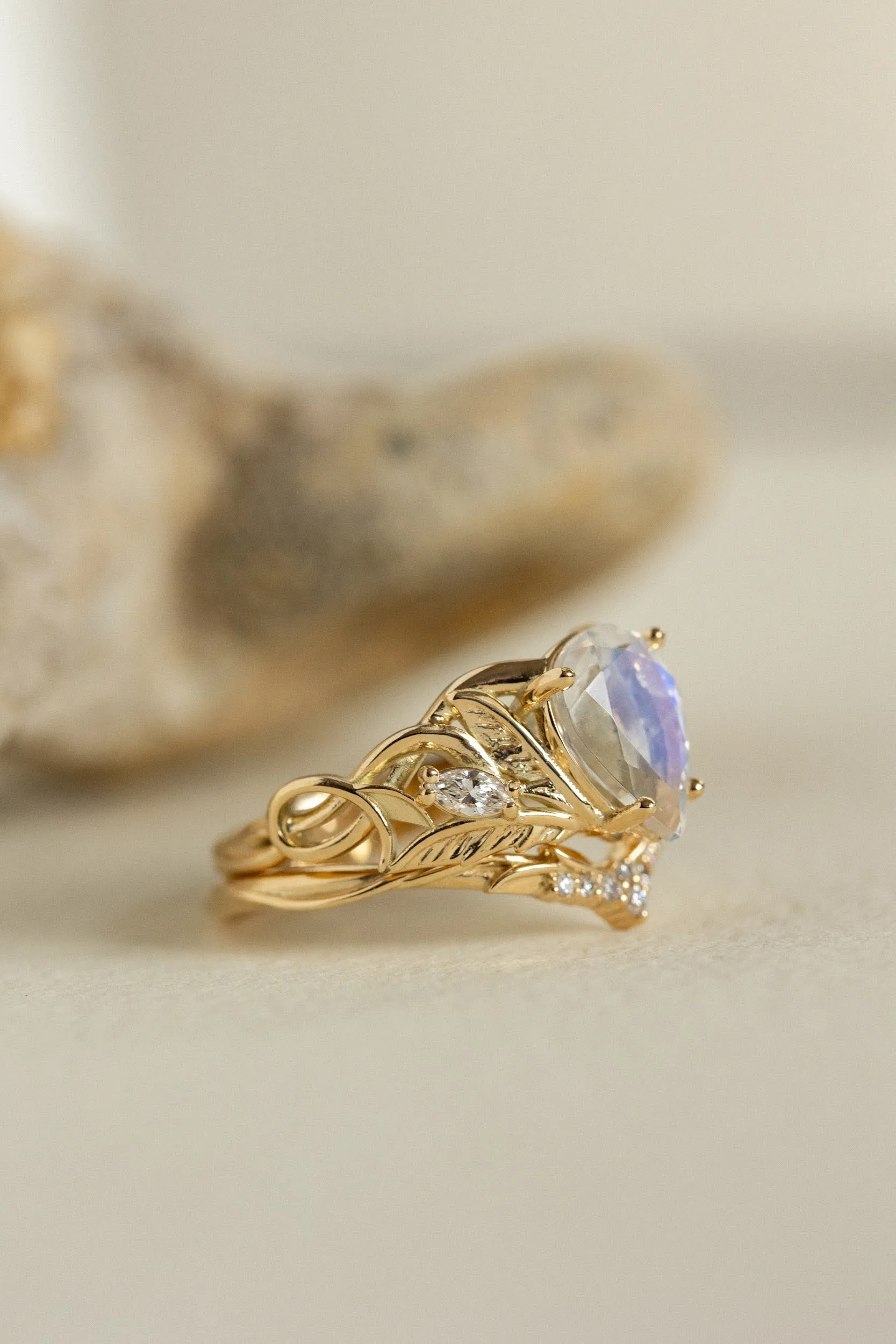 Big teardrop moonstone engagement ring, nature themed proposal ring / Ikar