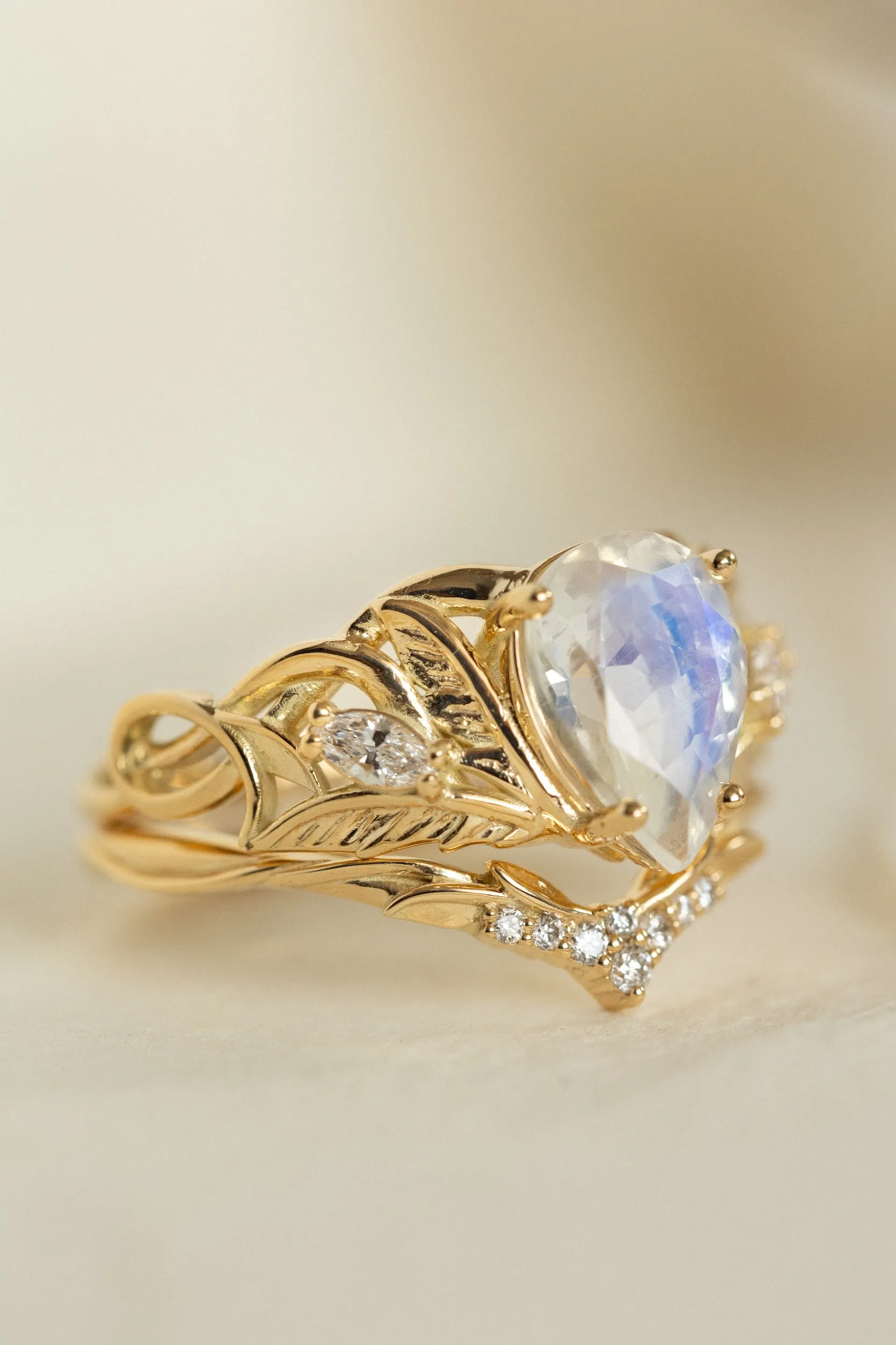 Big teardrop moonstone engagement ring, nature themed proposal ring / Ikar