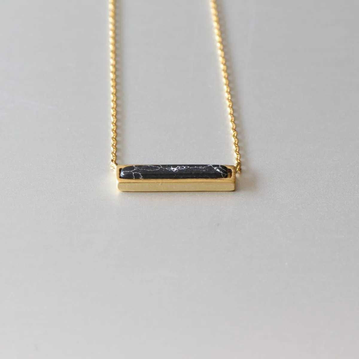 Black howlite bar gold necklace, Minimalist neck charm, Gold plated brass necklace, Elegant gift, N5