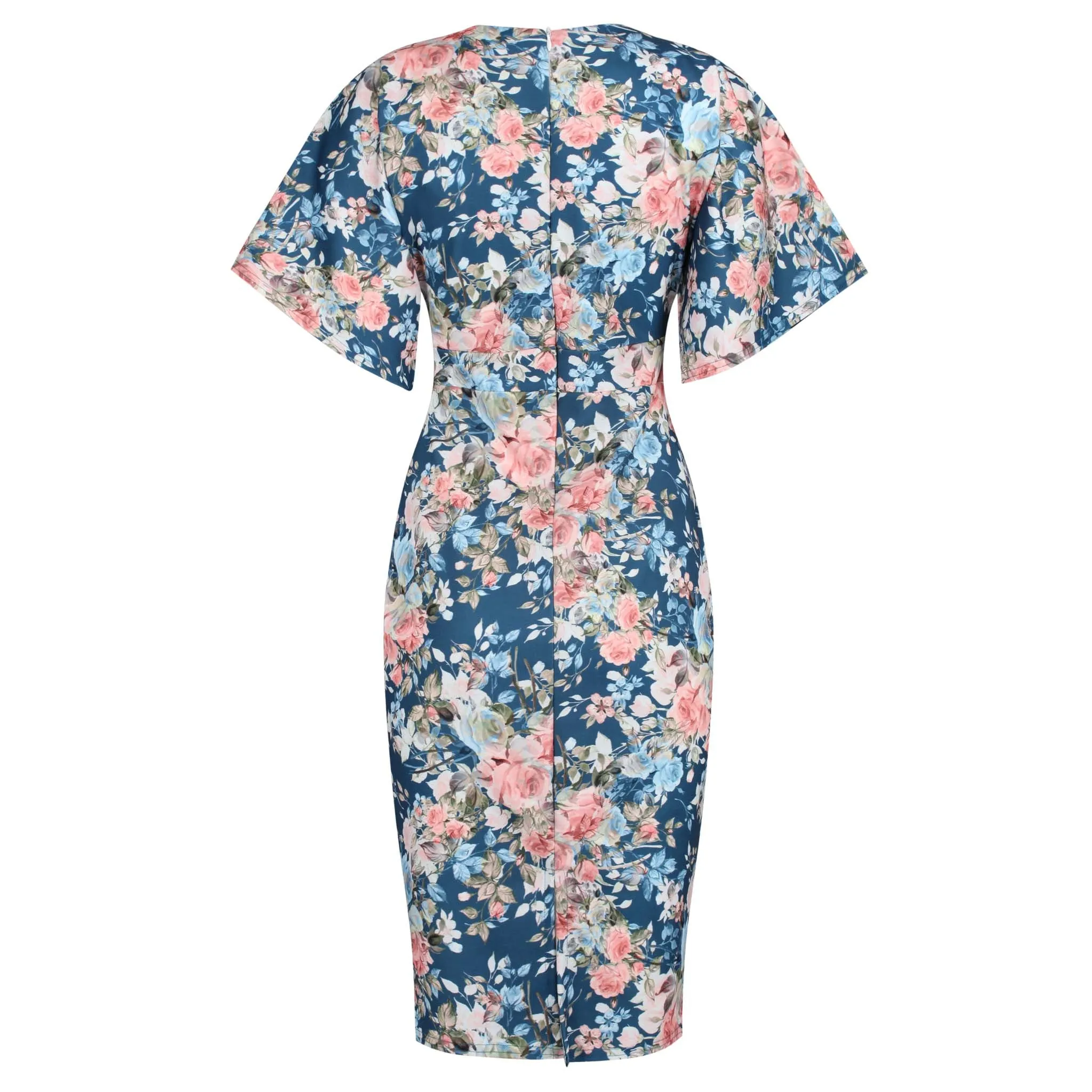 Blue Floral Half Batwing Sleeve Crossover Top Pencil Dress