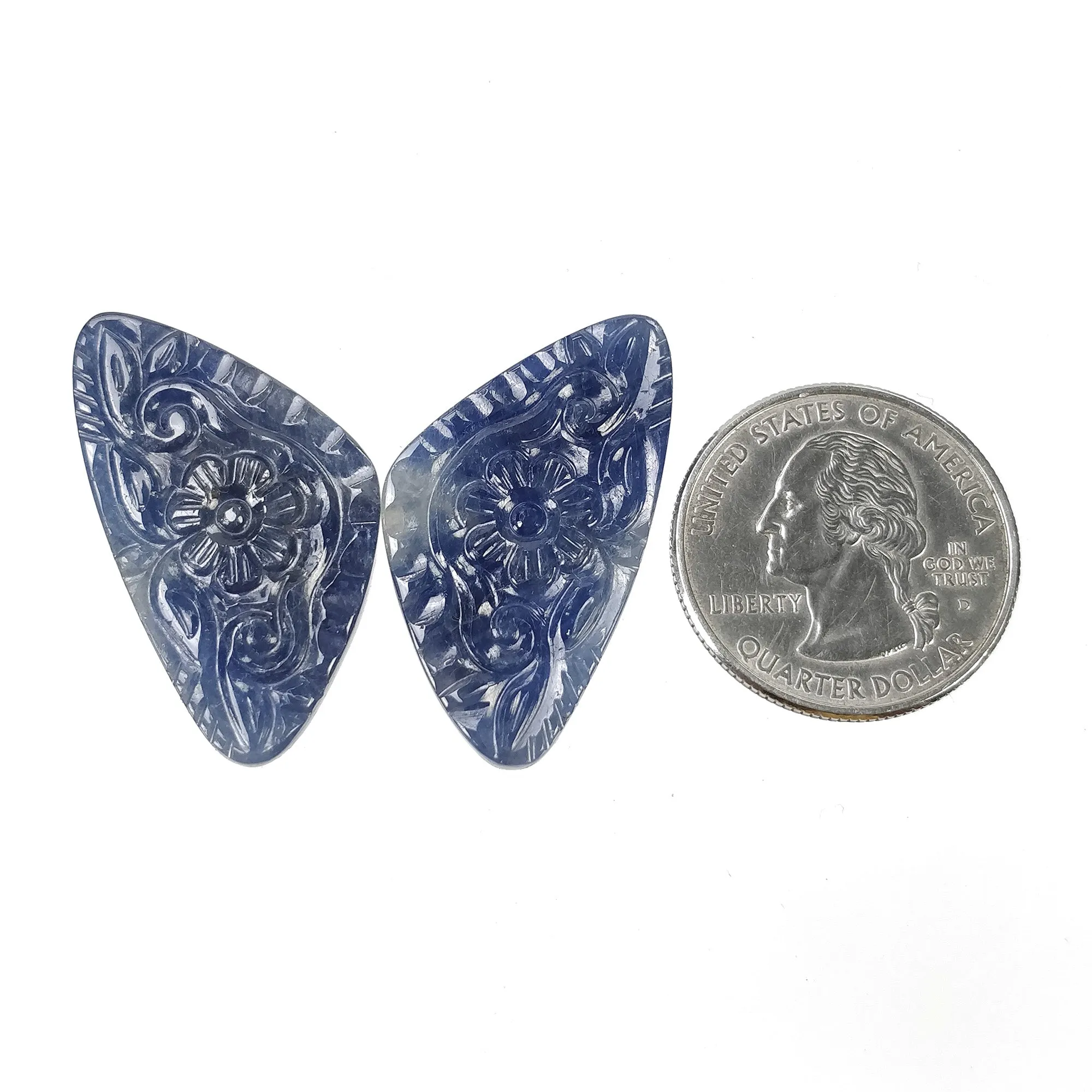 BLUE SAPPHIRE Gemstone Carving : 43.00cts Natural Untreated Unheated Sapphire Hand Carved Triangle Shape 34*20mm Pair (with Video)