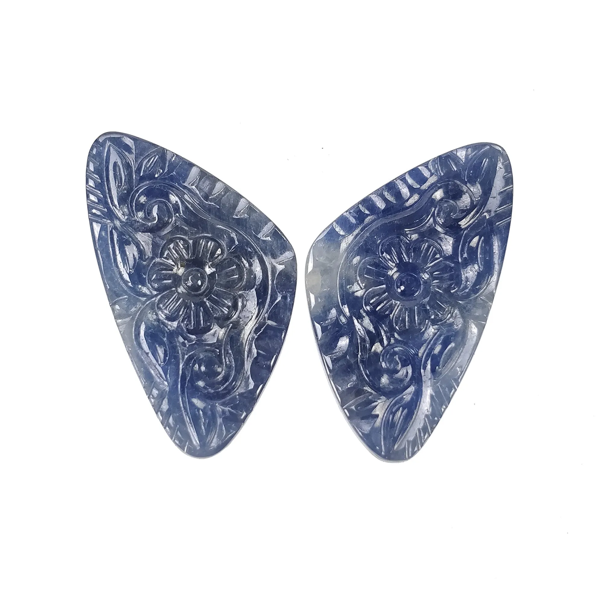 BLUE SAPPHIRE Gemstone Carving : 43.00cts Natural Untreated Unheated Sapphire Hand Carved Triangle Shape 34*20mm Pair (with Video)