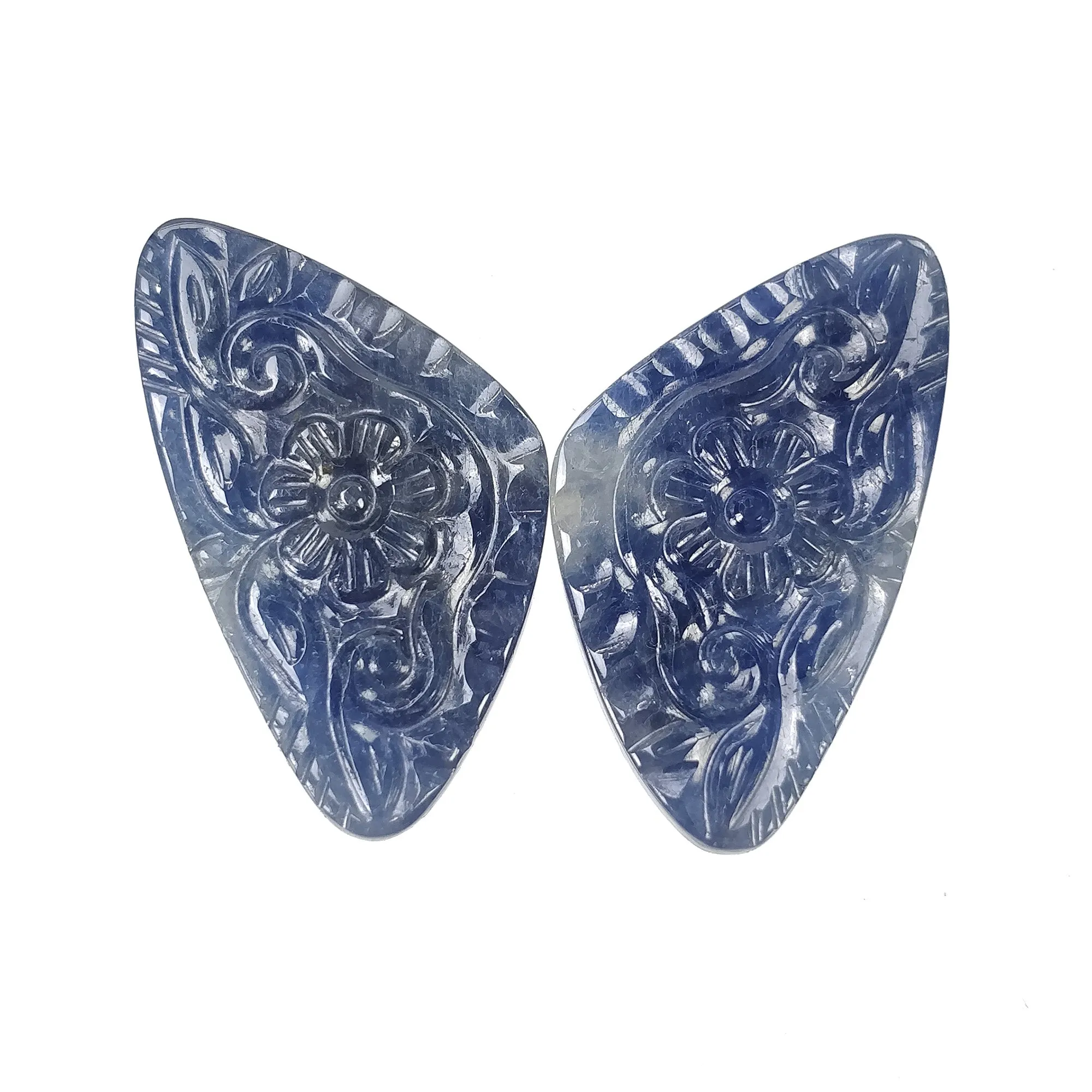 BLUE SAPPHIRE Gemstone Carving : 43.00cts Natural Untreated Unheated Sapphire Hand Carved Triangle Shape 34*20mm Pair (with Video)