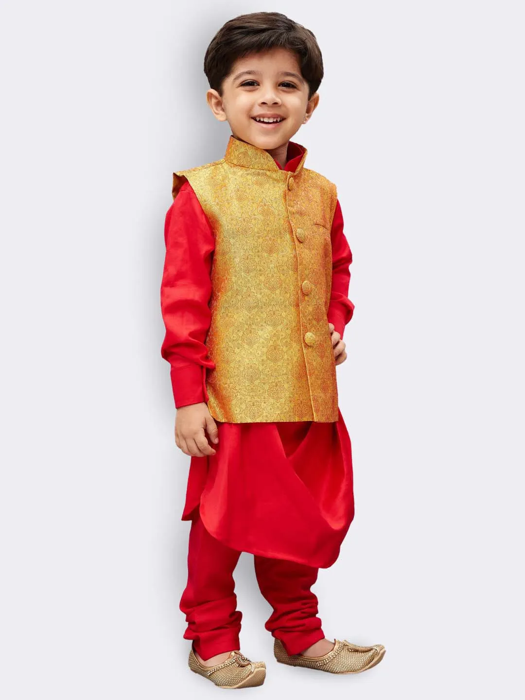 Boys' Red Cotton Kurta, Waistcoat and Pyjama Set