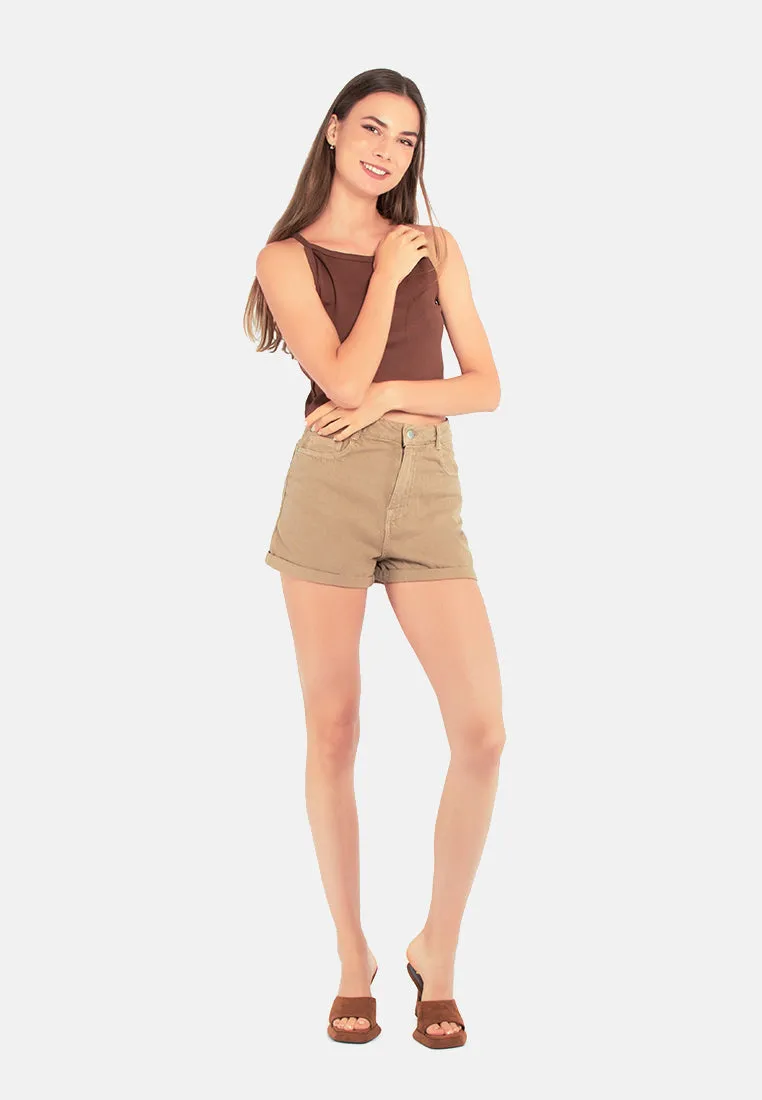 Cream Basic Upturn Hem Shorts