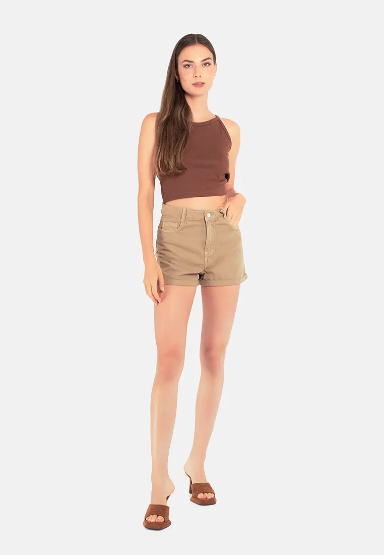 Cream Basic Upturn Hem Shorts