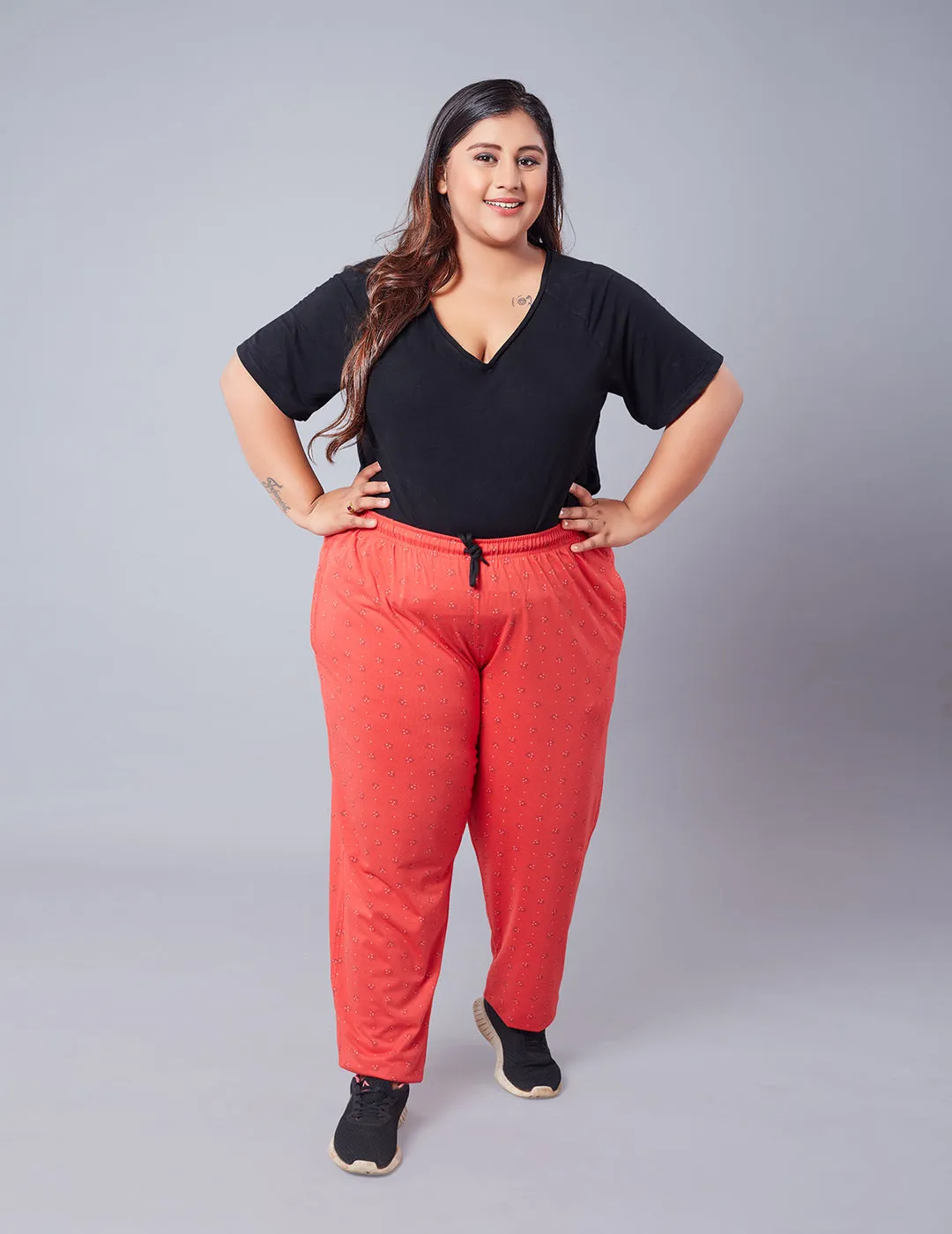 Cupid Plus Size Printed Cotton Night Pants Lowers For Women (Coral Orange)