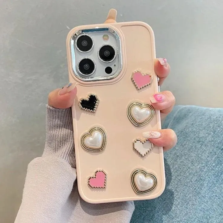 Cute Phone Case BCPC For iPhone 15, 14, 13, 12, or 11 Pro Max - 3D Pearl & Heart