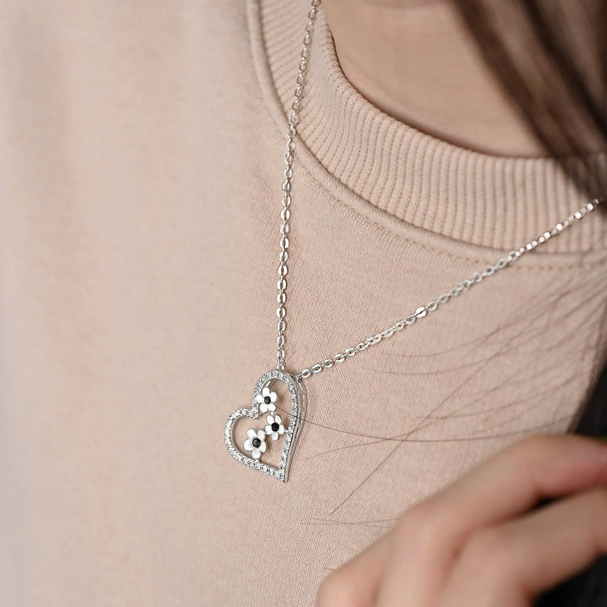 CZ Open Heart Flower Pendant Sterling Silver