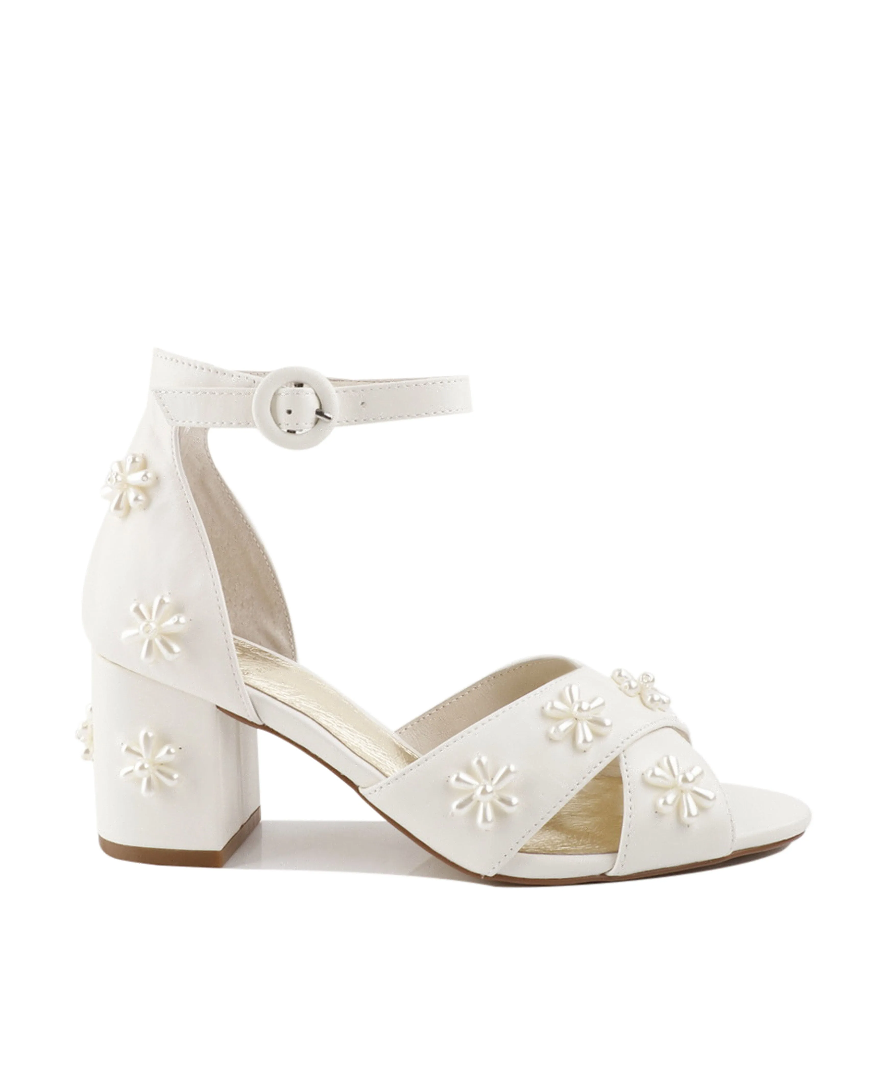 DAISY - IVORY LEATHER PEARL FLOWER HEELS