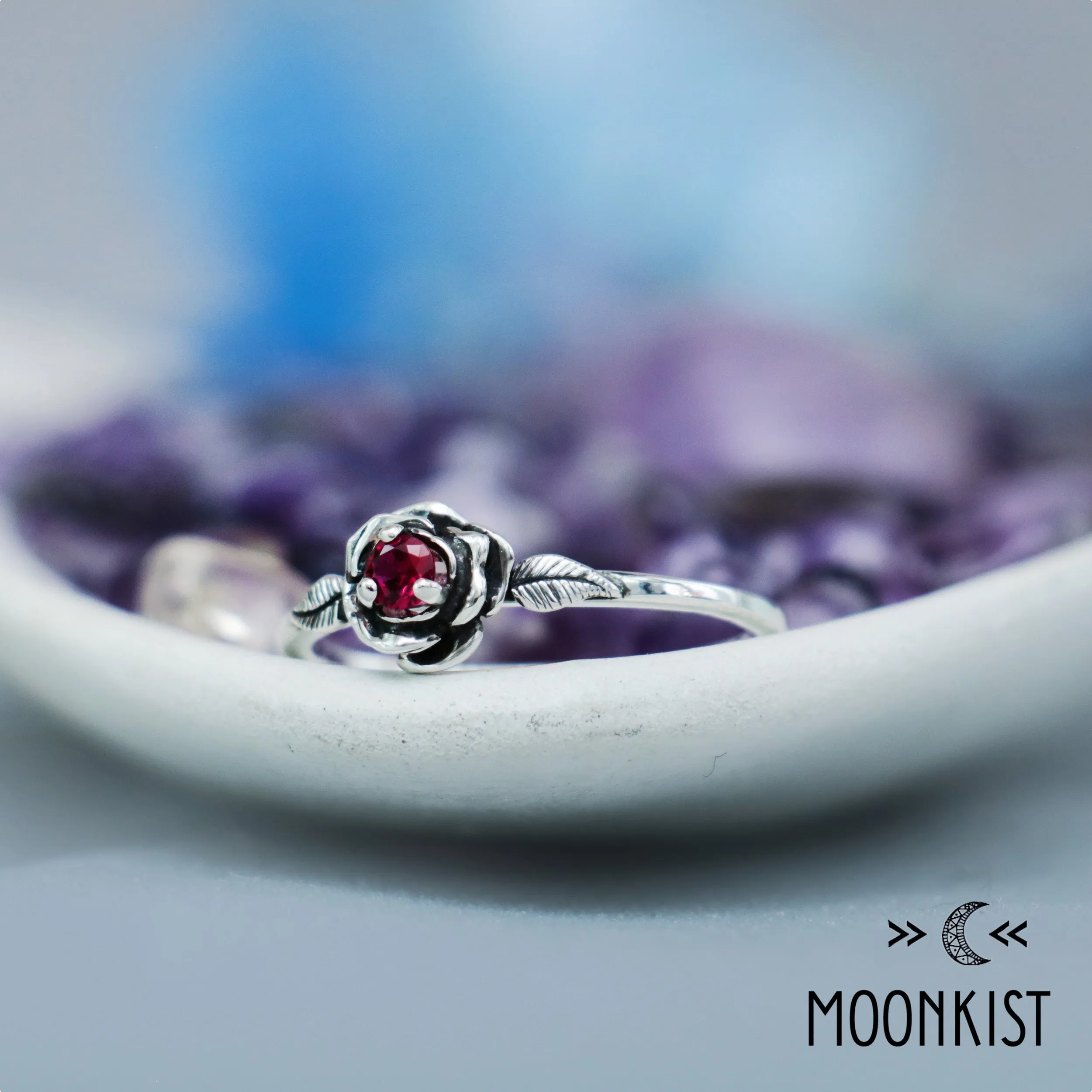 Delicate Silver Rose Ruby Promise Ring for Her| Moonkist Designs