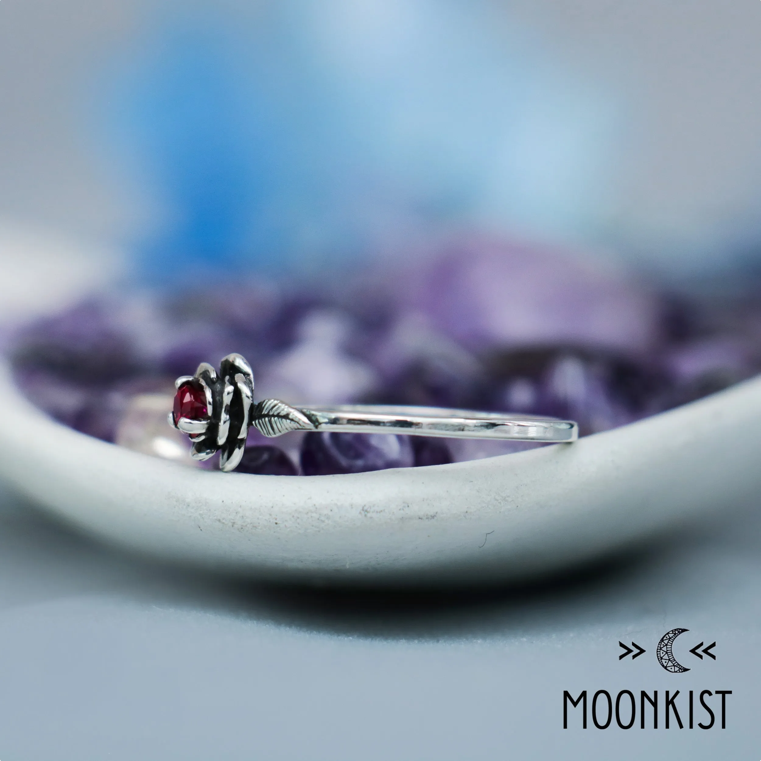 Delicate Silver Rose Ruby Promise Ring for Her| Moonkist Designs