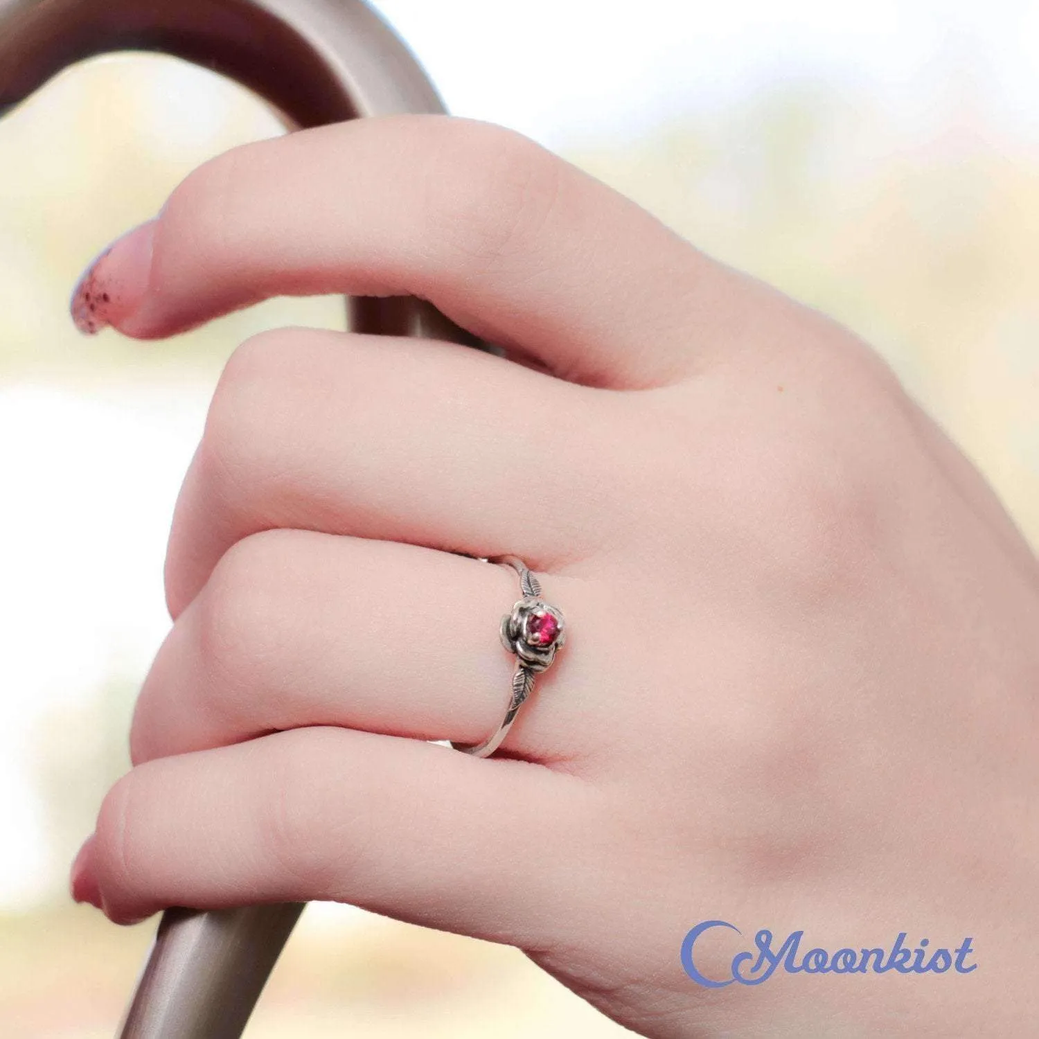 Delicate Silver Rose Ruby Promise Ring for Her| Moonkist Designs