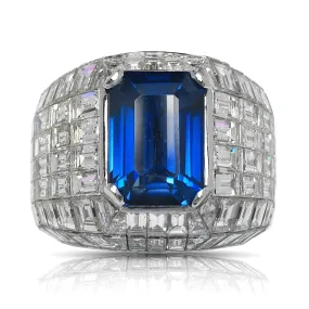 DROGON 30 CARAT MEN’S SAPPHIRE AND DIAMOND CHANDELIER RING 14K WHITE GOLD. 8 CT CEYLON ROYAL BLUE EMERALD CUT SAPPHIRE BY MIKE NEKTA