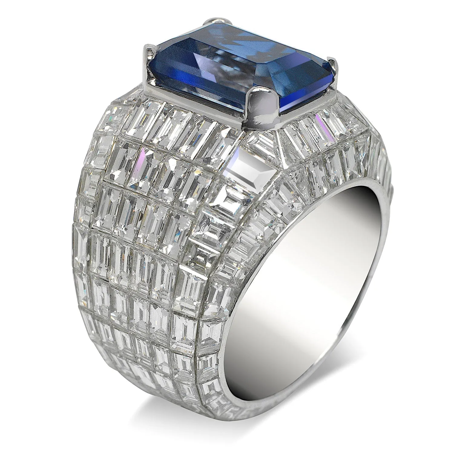 DROGON 30 CARAT MEN’S SAPPHIRE AND DIAMOND CHANDELIER RING 14K WHITE GOLD. 8 CT CEYLON ROYAL BLUE EMERALD CUT SAPPHIRE BY MIKE NEKTA