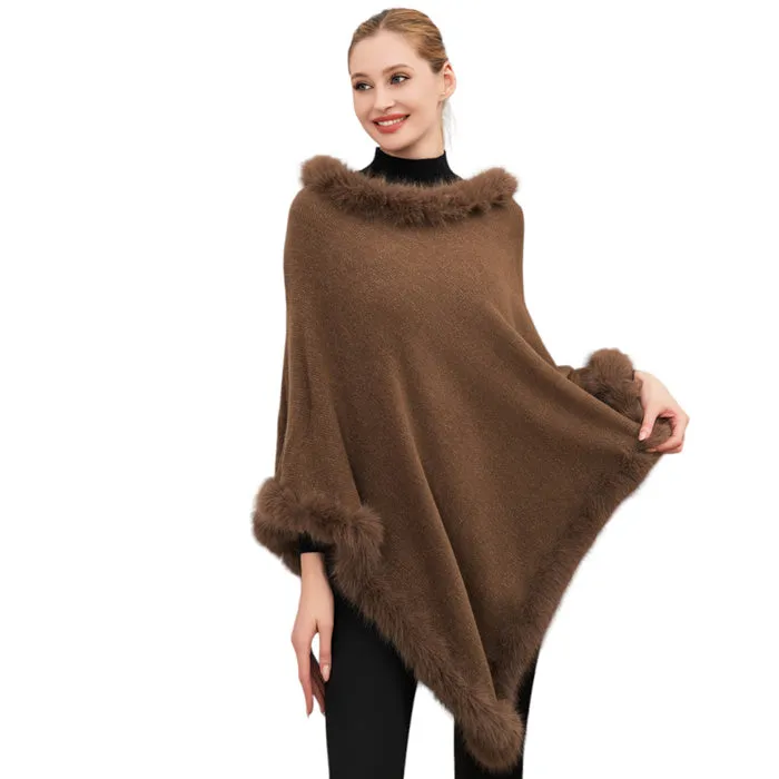 Faux Fur Trimmed Solid Poncho