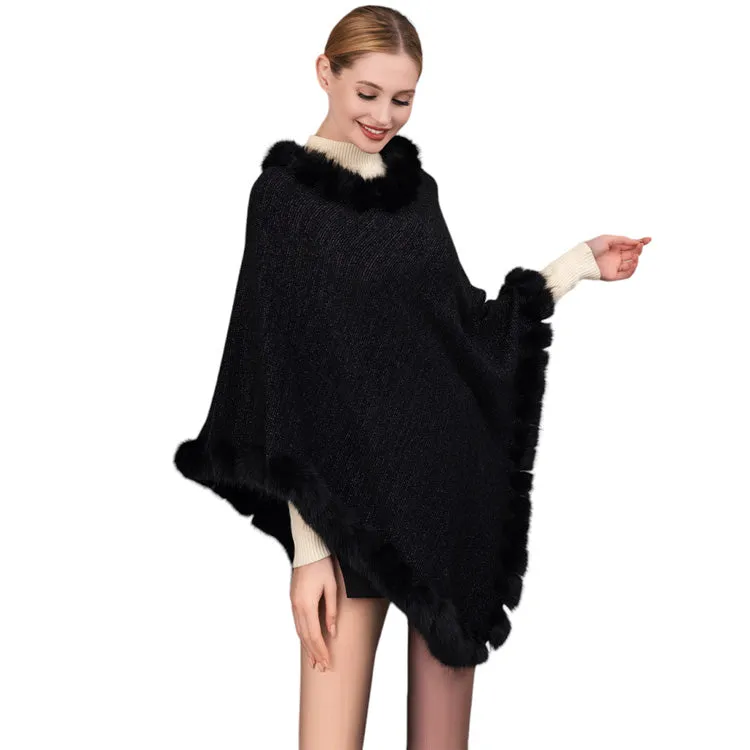 Faux Fur Trimmed Solid Poncho