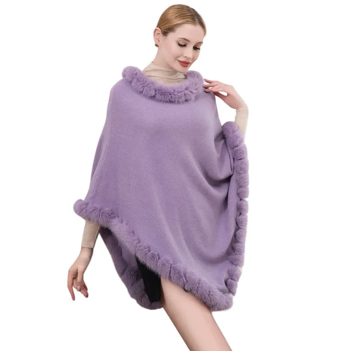 Faux Fur Trimmed Solid Poncho