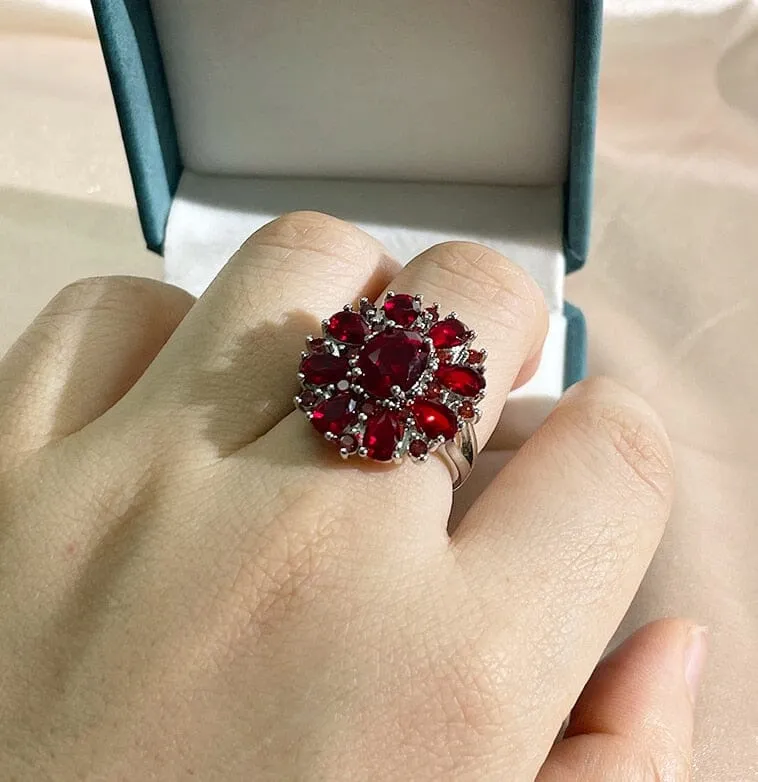 Flower Shape Ruby Silver Ring