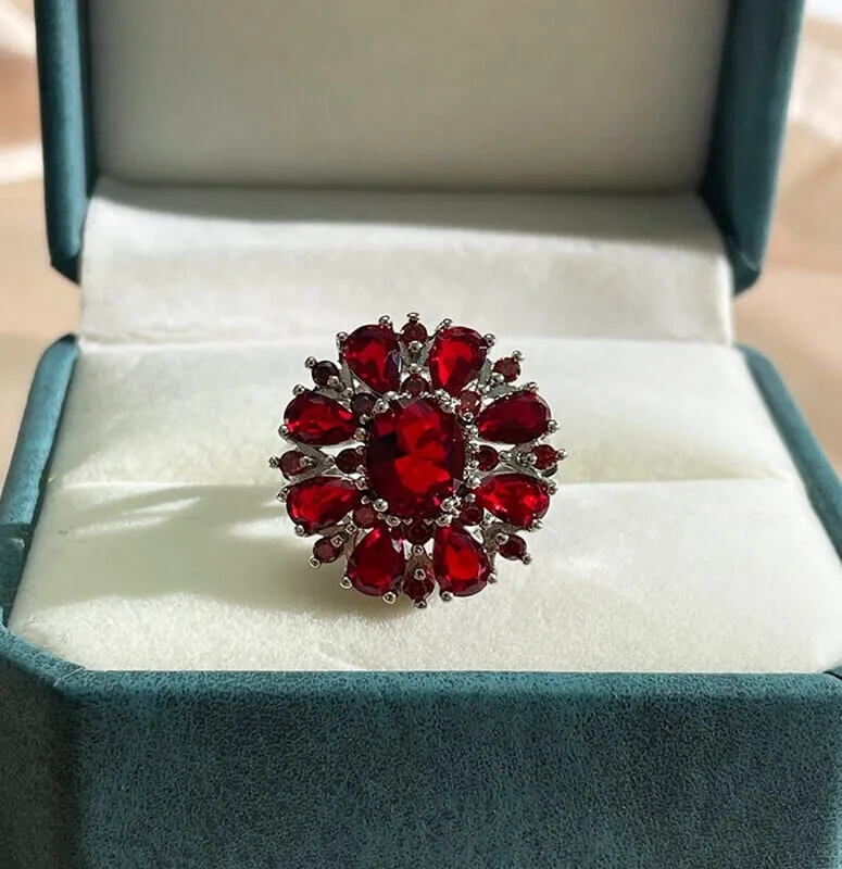 Flower Shape Ruby Silver Ring