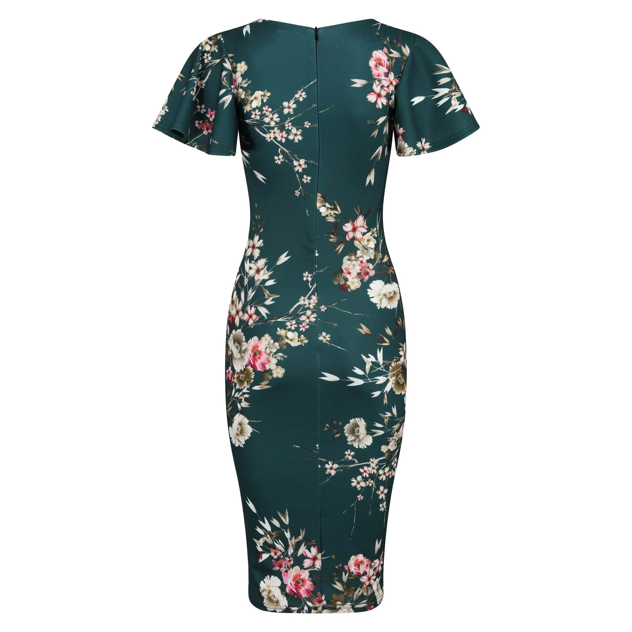 Forest Green Floral Half Sleeve Deep V Neck Crossover Top Wiggle Dress