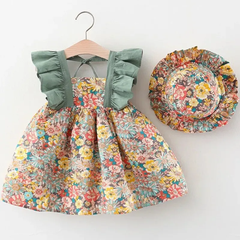 Girls Summer Fashion Dress & Hat Set