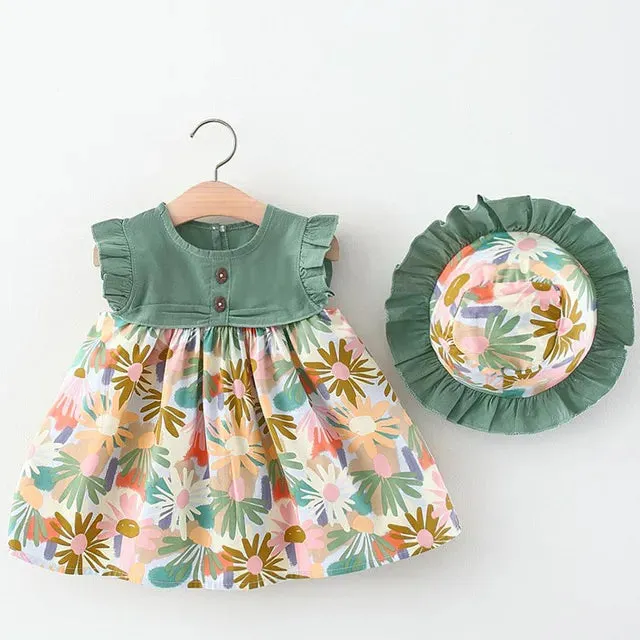 Girls Summer Fashion Dress & Hat Set