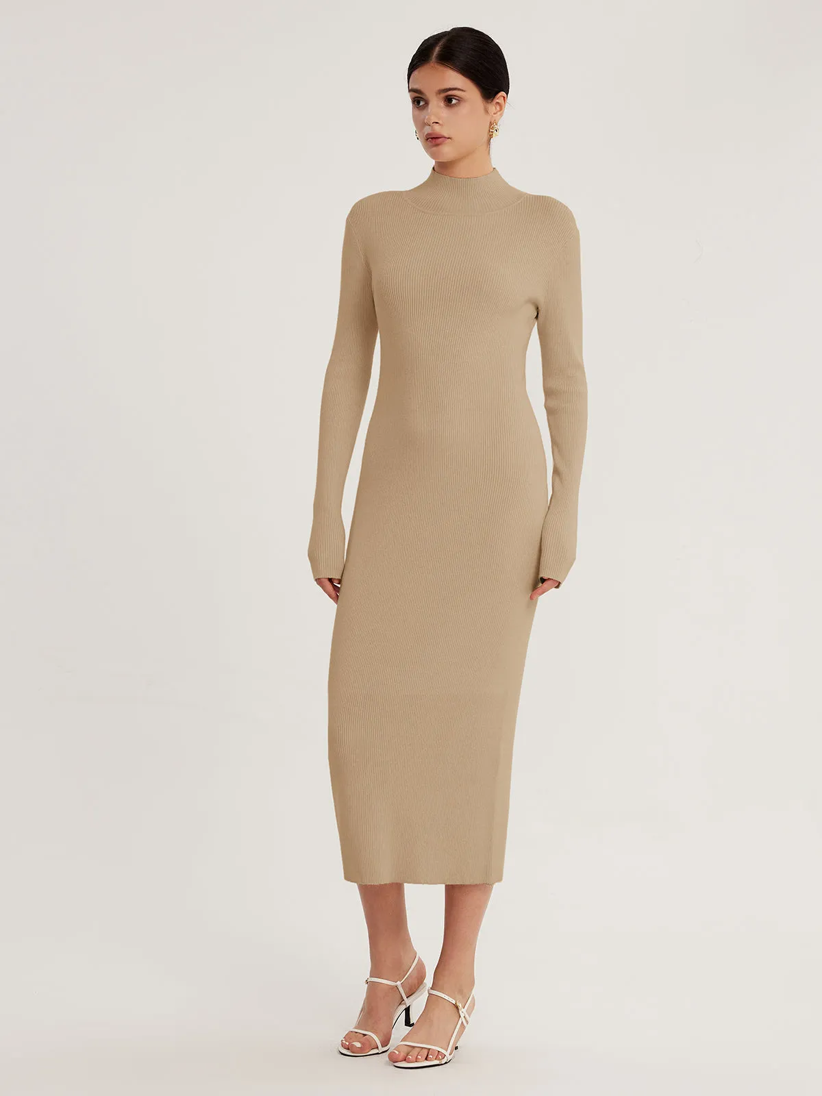 High Neck Long Sleeve Midi Dress