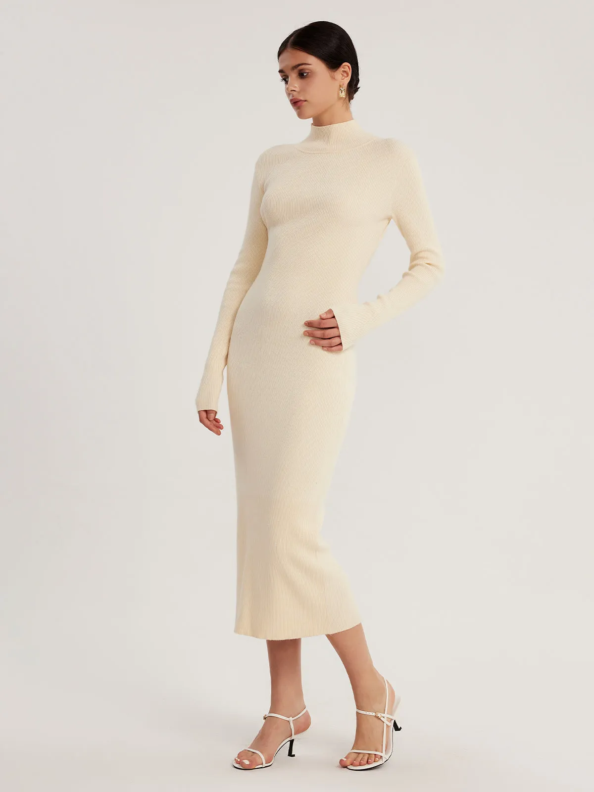 High Neck Long Sleeve Midi Dress