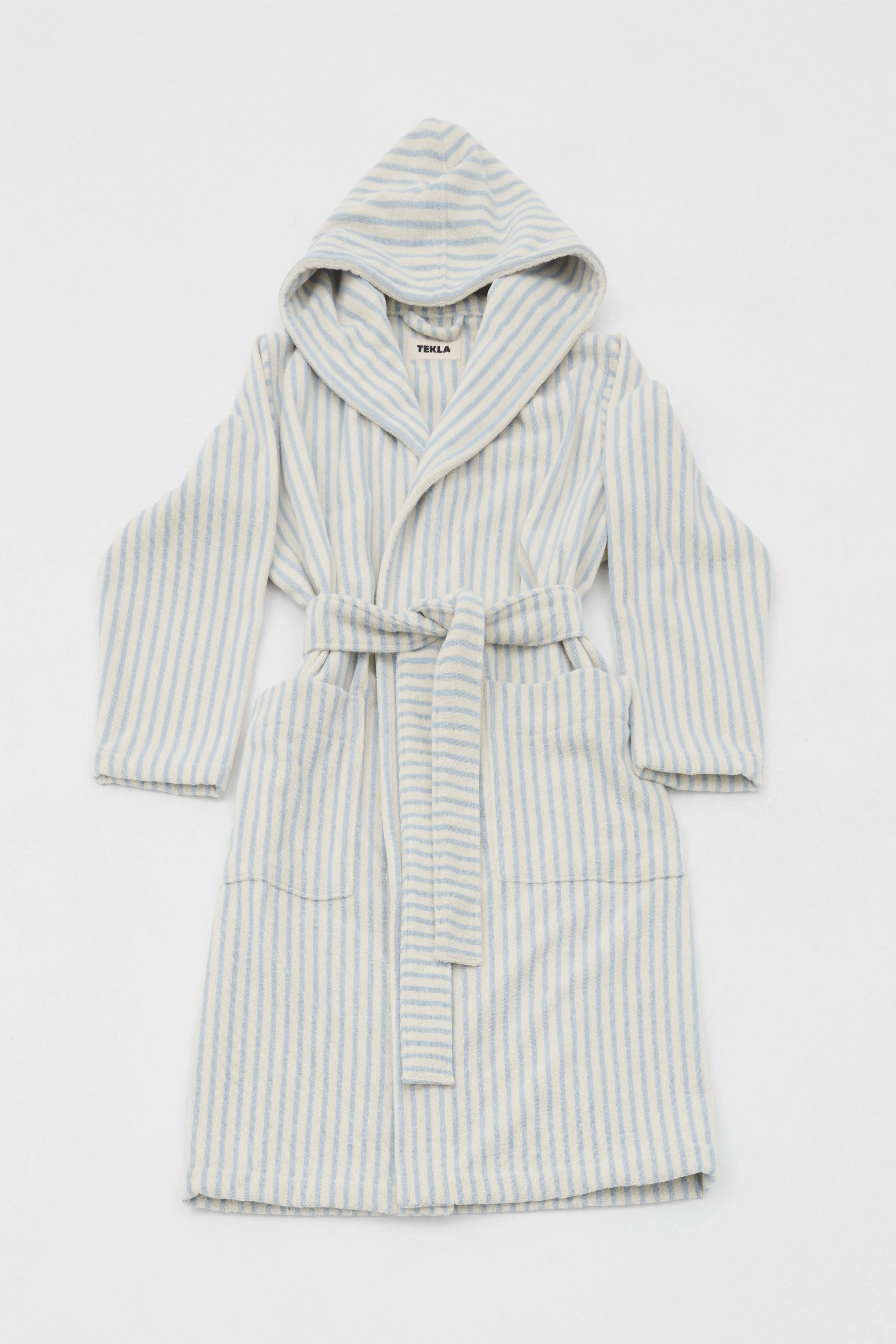 Hooded Bathrobe Soft Blue Stripe