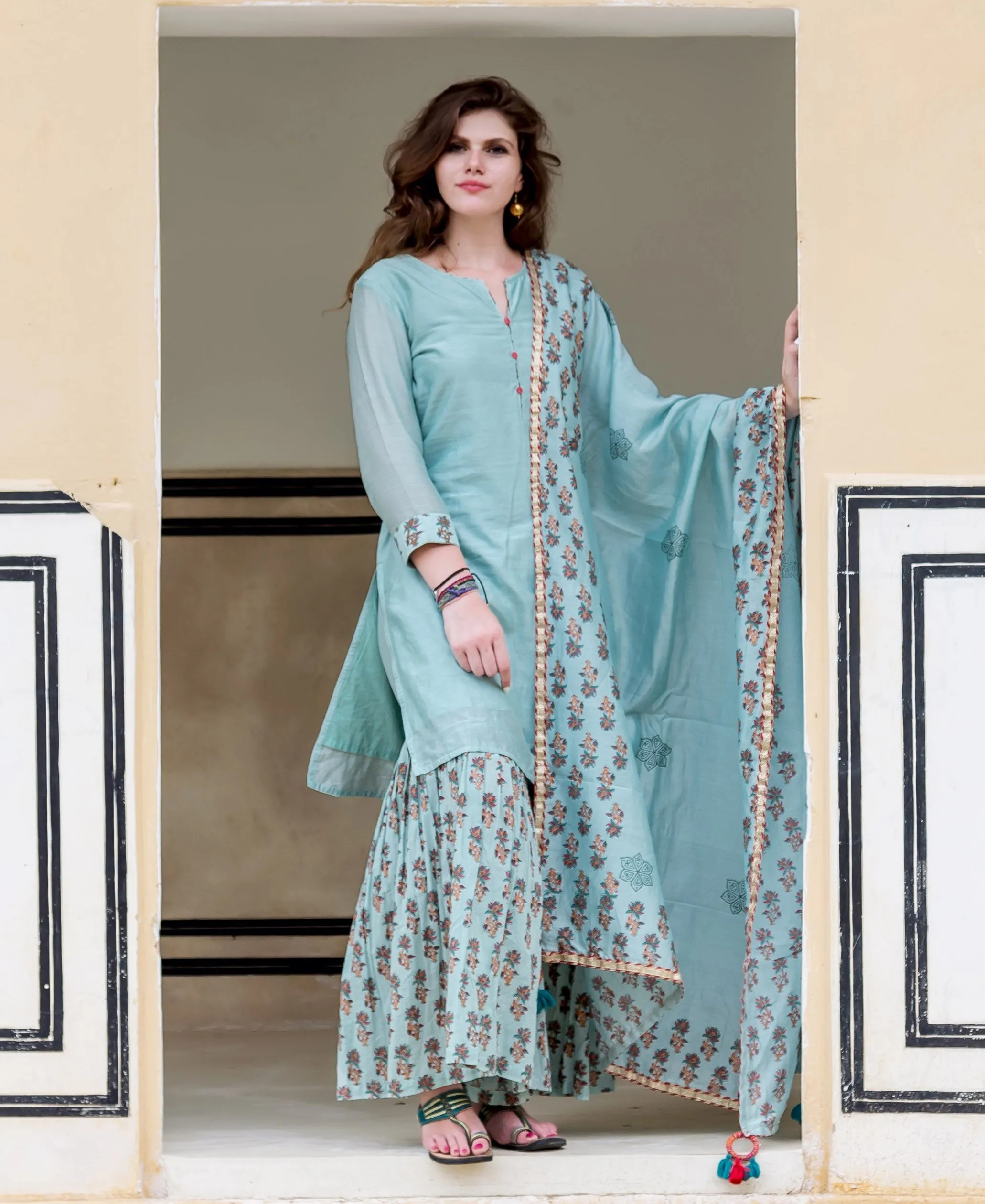 Ice Blue Chanderi Solid Kurta