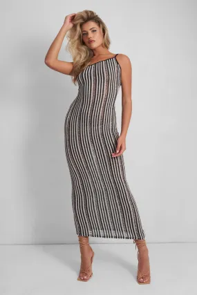 Kaiia Knitted One Shoulder Maxi Dress Black and White Stripe