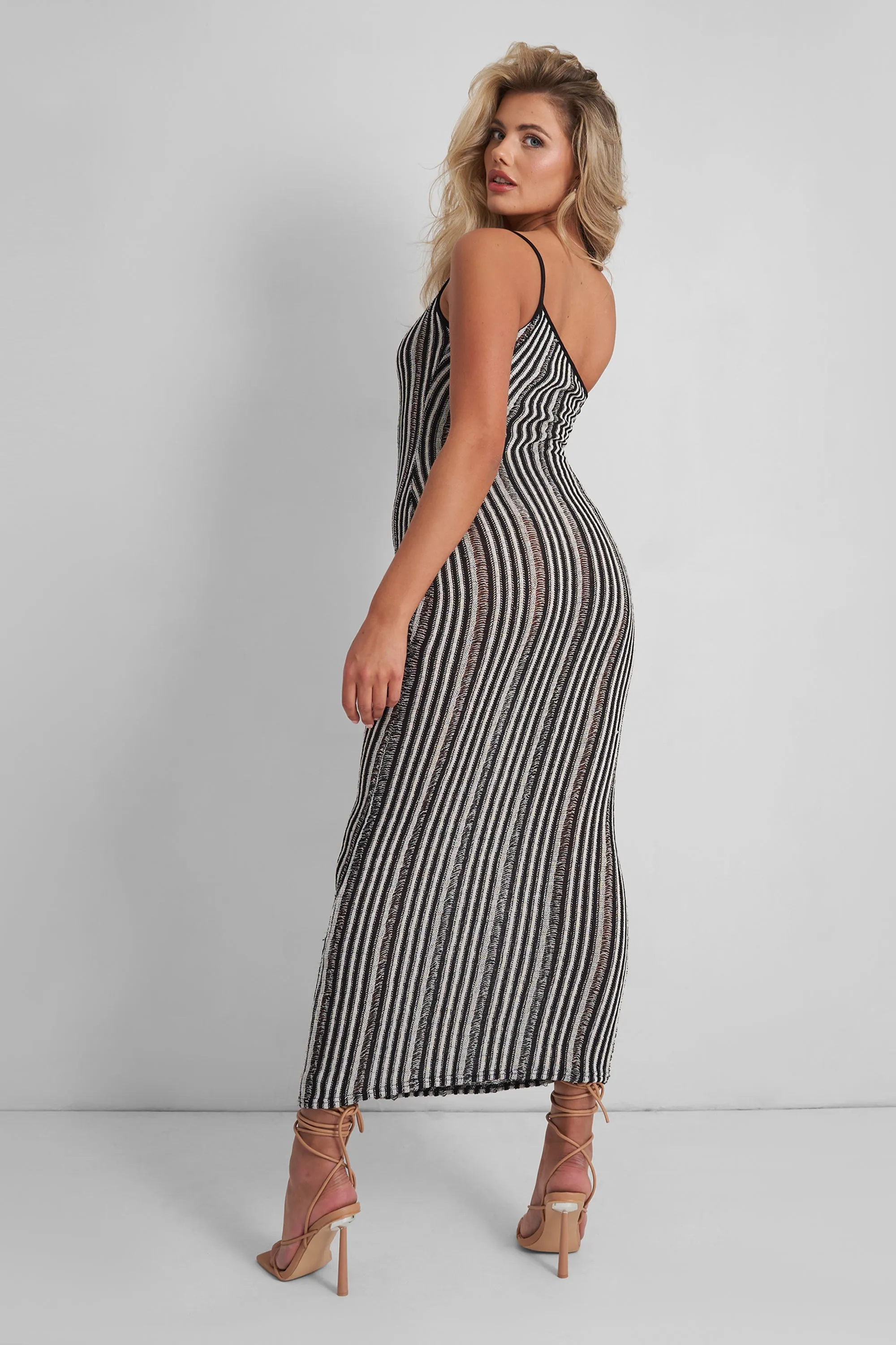 Kaiia Knitted One Shoulder Maxi Dress Black and White Stripe