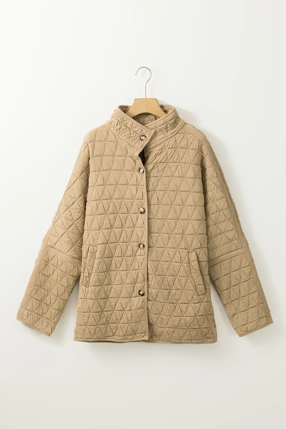 Khaki Quilted Button Front Funnel Neck Jacket